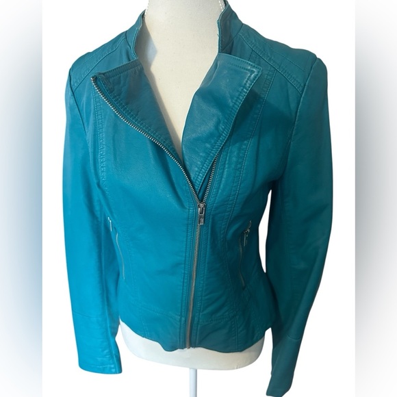 Black Rivet pleather jacket from Wilson Leather. In a turquoise blue. Sz small - Picture 4 of 7